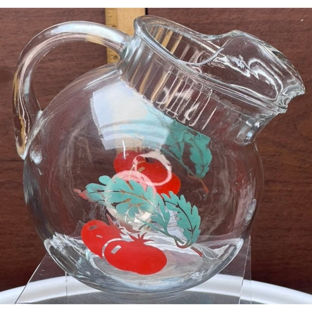 Retro Clear Glass Pitcher Tomato Transfer Cottage Vintage Granny Cute Home Decor